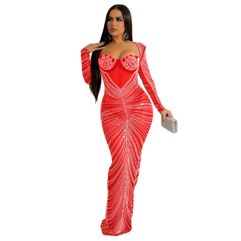 Women'S Sexy Elegant Mesh Rhinestone Long-Sleeved Maxi Party Dress