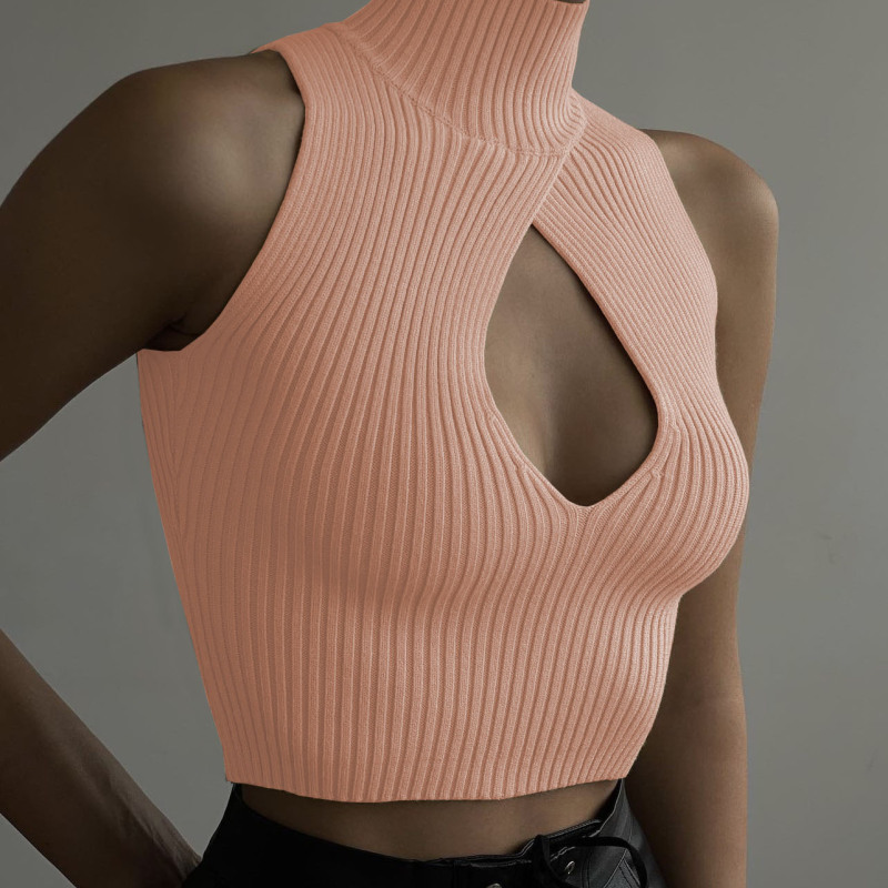 Fashion Women Solid Color Sleeveless Hollow Slim Fit Cropped Knitwear Top