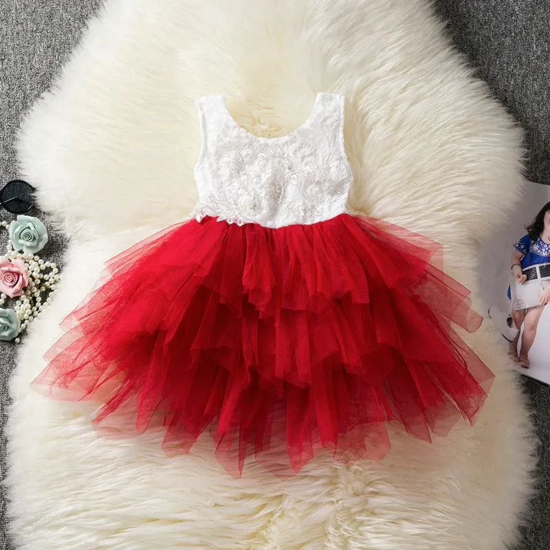 Kids Toddler Girls Fashion Party Cute Sweet Color Crochet Hollow Out Lace Pleated Sleeveless Mesh Party Tutu Dress