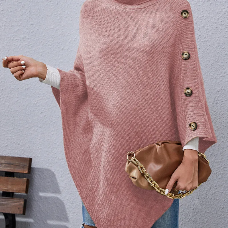 Autumn And Winter Women Fashion Button High Collar Irregular Sweater Shawl Coat