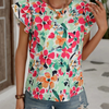 Fashion Women Summer Vacation Floral Print Double Layer Ruffled Short-Sleeved Blouse