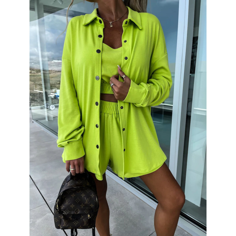 Women Fashion Street Casual Solid Color Long Sleeve Shirt And Loose Blouse Three Pieces Set