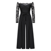 Women Elegant Solid Color Lace Patchwork Long-Sleeved Off-The-Shoulder Belted Side-Slit Jumpsuits