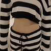 Women Fashion Knitted Stripe Long Sleeve Crop Top Slim Fit Shorts Two-Piece Set