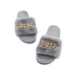 Women Leisure Plush Metal Chain Design Flats Slippers Shoes