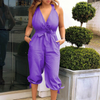 Women Fashion V-Neck Backless Solid Color Halter Jumpsuits