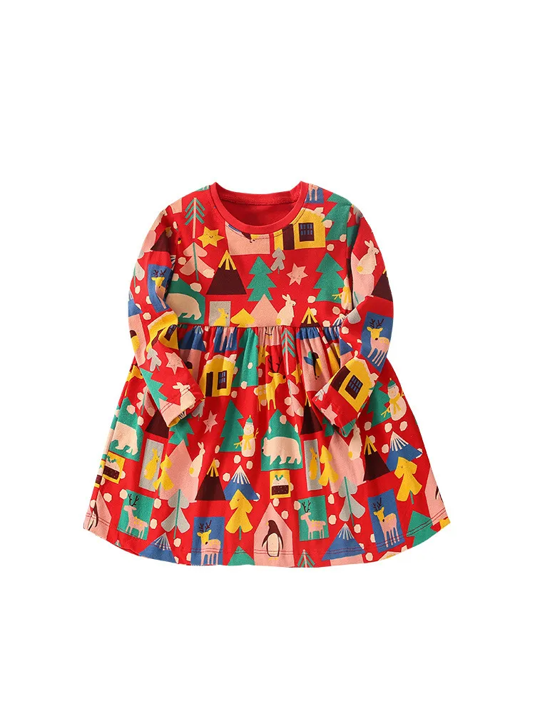 Kids Toddler Girls Fashion Casual Christmas Colorblock Round Neck Long Sleeve Dress