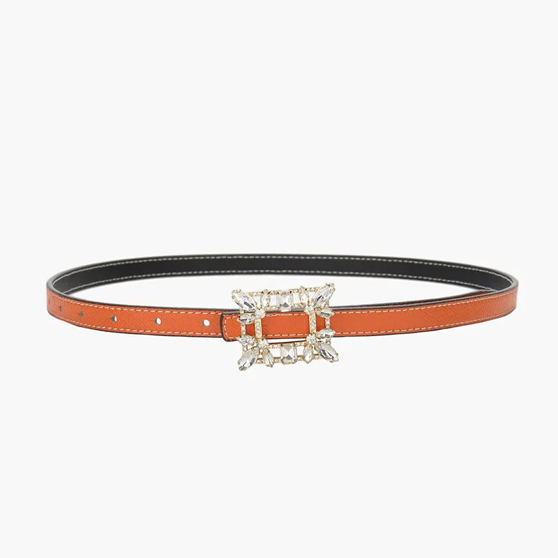 Women'S Fashion Casual Personality Rhinestone Alloy Smooth Buckle Genuine Leather Thin Belt