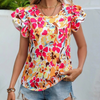 Fashion Women Summer Vacation Floral Print Double Layer Ruffled Short-Sleeved Blouse