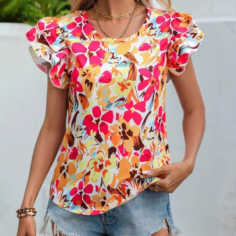 Fashion Women Summer Vacation Floral Print Double Layer Ruffled Short-Sleeved Blouse