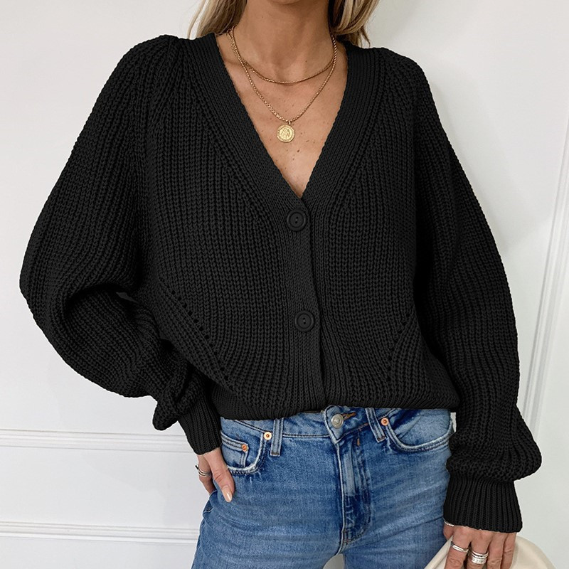 Women Casual V-Neck Buttoned Lantern Sleeve Sweater