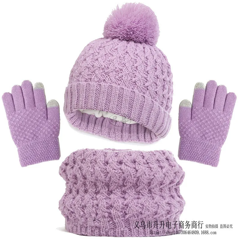 (Buy 1 Get 1) Kids Unisex Autumn Winter Fashion Casual Cute Color-Matching Hat Scarf Gloves Three-Piece Set