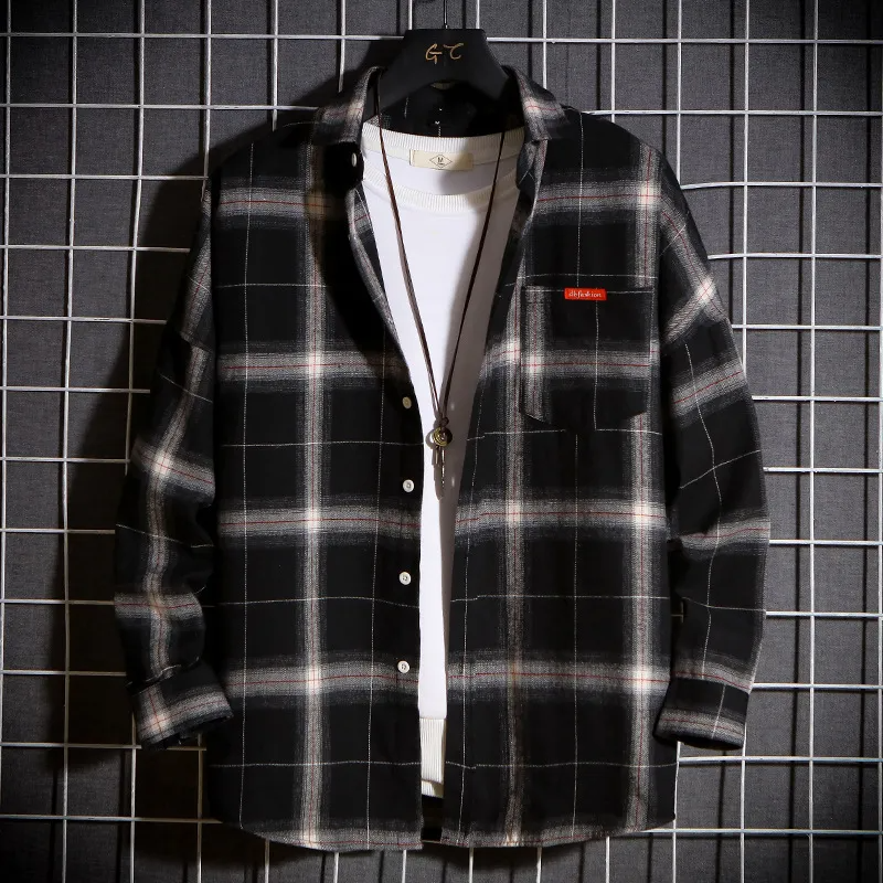 Men Casual Plaid Lapel Long Sleeve Flannel Shirt