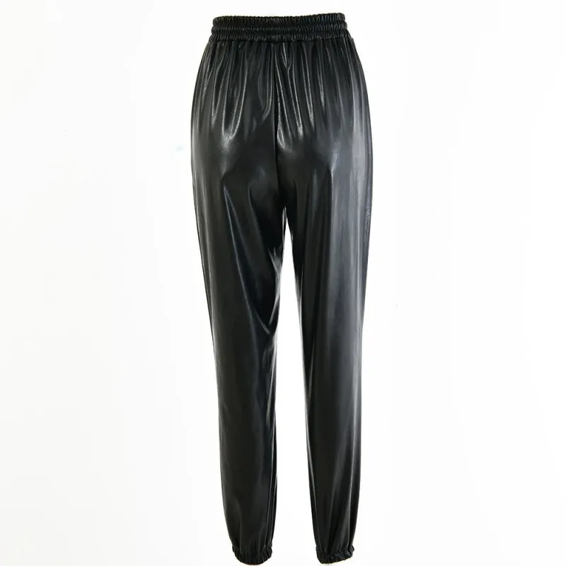 Women Fashion Drawstring Design Solid Color PU Leather Jogger Pants