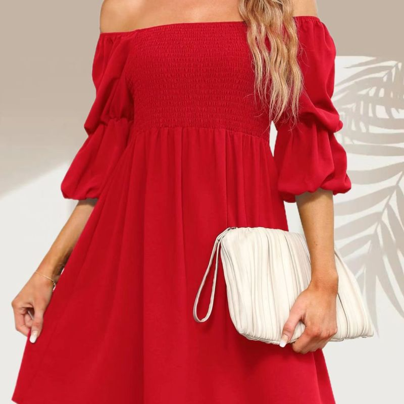 Women'S Fashion Casual Printing Puff Sleeve Square Neck Dress