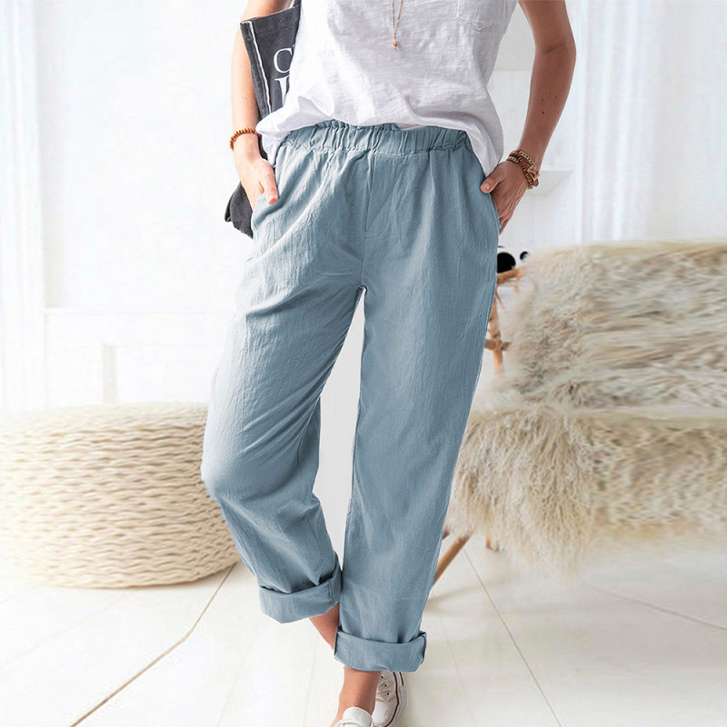 Women Summer Loose Casual Solid Color Pocket Wide Leg Pants