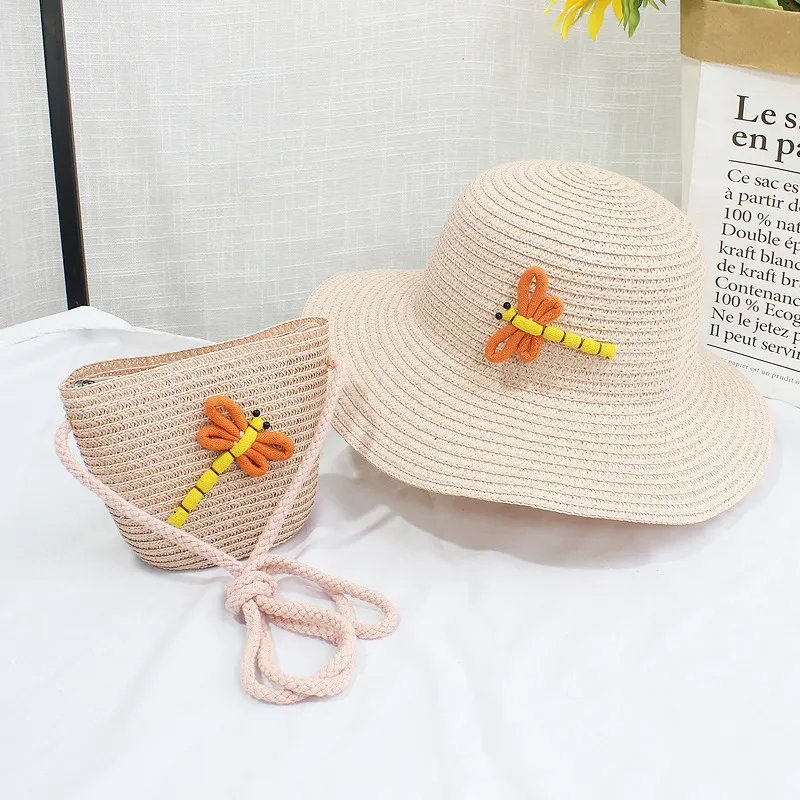 Kids Fashion Beach Shade Sunscreen Straw Hat Dragonfly Straw Bag Set