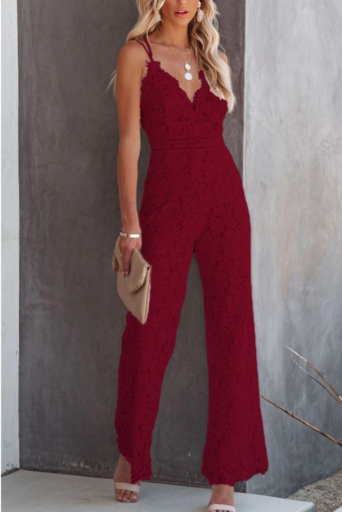 Women Solid Color Sling Lace Waist V-Neck Casual Wide Leg Jumpsuit