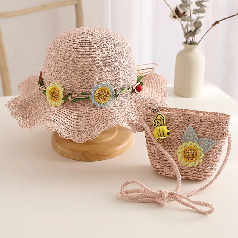 Kids Girls Fashion Straw Woven Wavy Hat And Bag Set