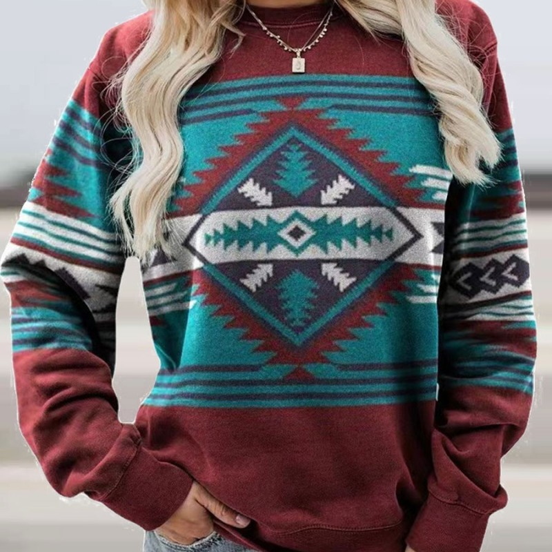 Women Autumn Winter Long-Sleeved Round Neck Ethnic Vintage Sweatshirt