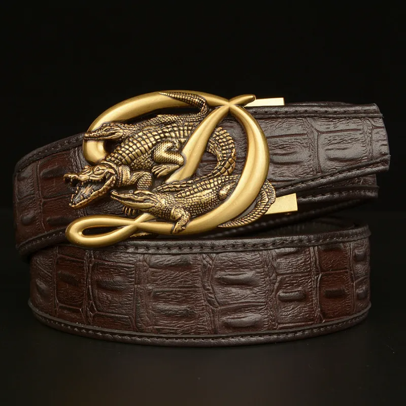 Men Fashion Casual Business Solid Color Leather Metal Buckle Crocodile Belt