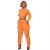 Women Solid Color Crew Neck Long Sleeve Cropped Top And High Waist Pants Fashionable Two-Piece Set