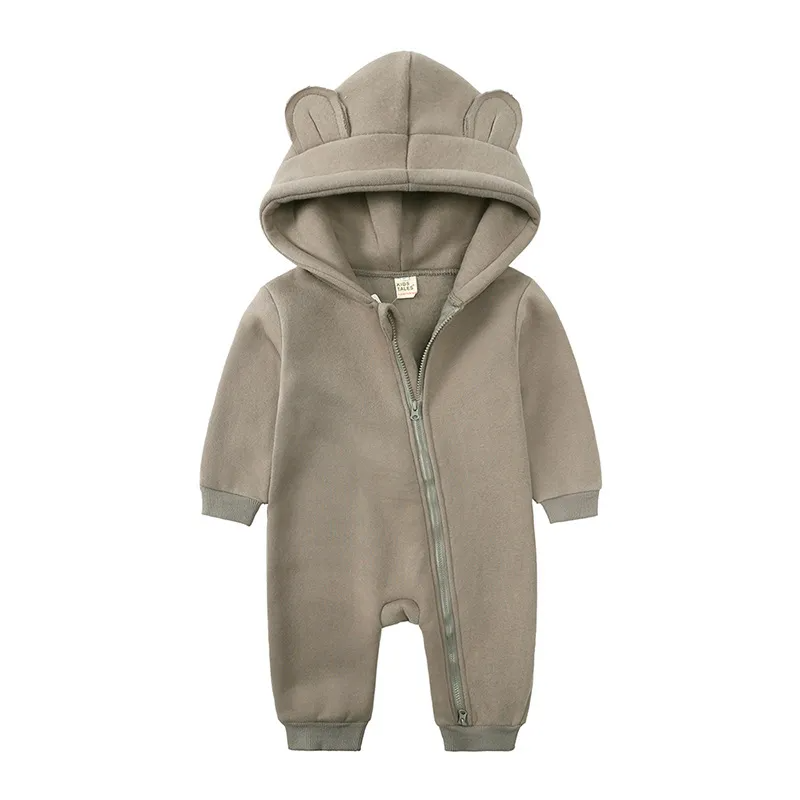 Kids Baby Boys Girls Autumn Winter Casual Cute Solid Color Bear Long Sleeve Hooded Jumpsuit