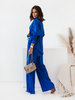 Women Solid Lapel Button Long Sleeve Top And Loose Elastic Wide Leg Pants Two Piece Set