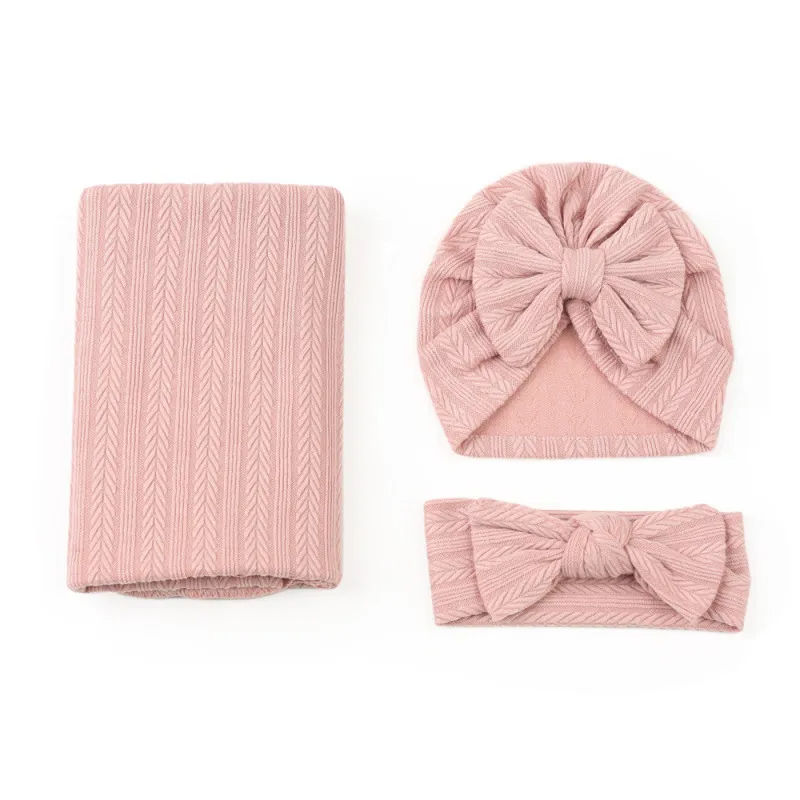 Baby Newborn Solid Color Swaddle Blanket And Turban Hat 3pcs Set