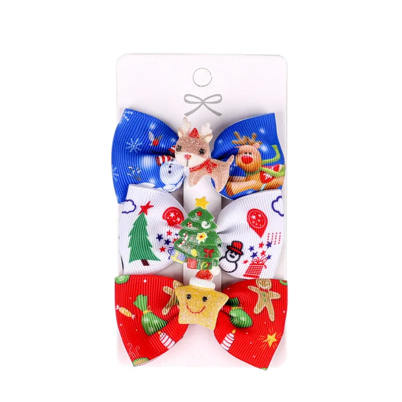 Kids Christmas Bow Hairpin Elk Print Clip Three-Piece Paper Card Set