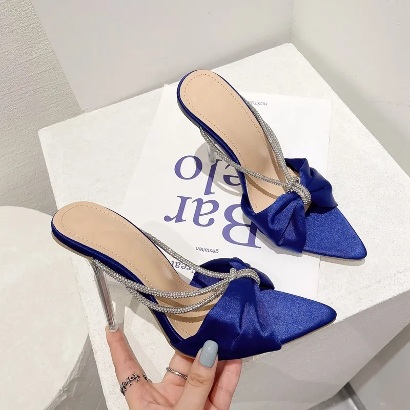 Women Sexy Fashion Pointed Toe Rhinestone Satin Bow Transparent Heel Slippers