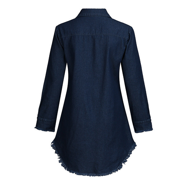 Women Fashion Lapel Long-Sleeve Tassel Denim Blouse