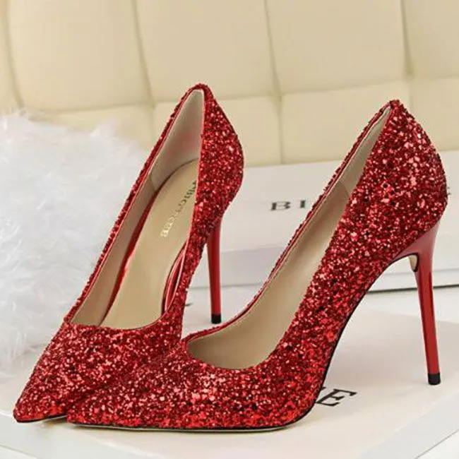 Women Sexy Shining Sequins Decor Pointed-Toe Stiletto Shoes Pumps