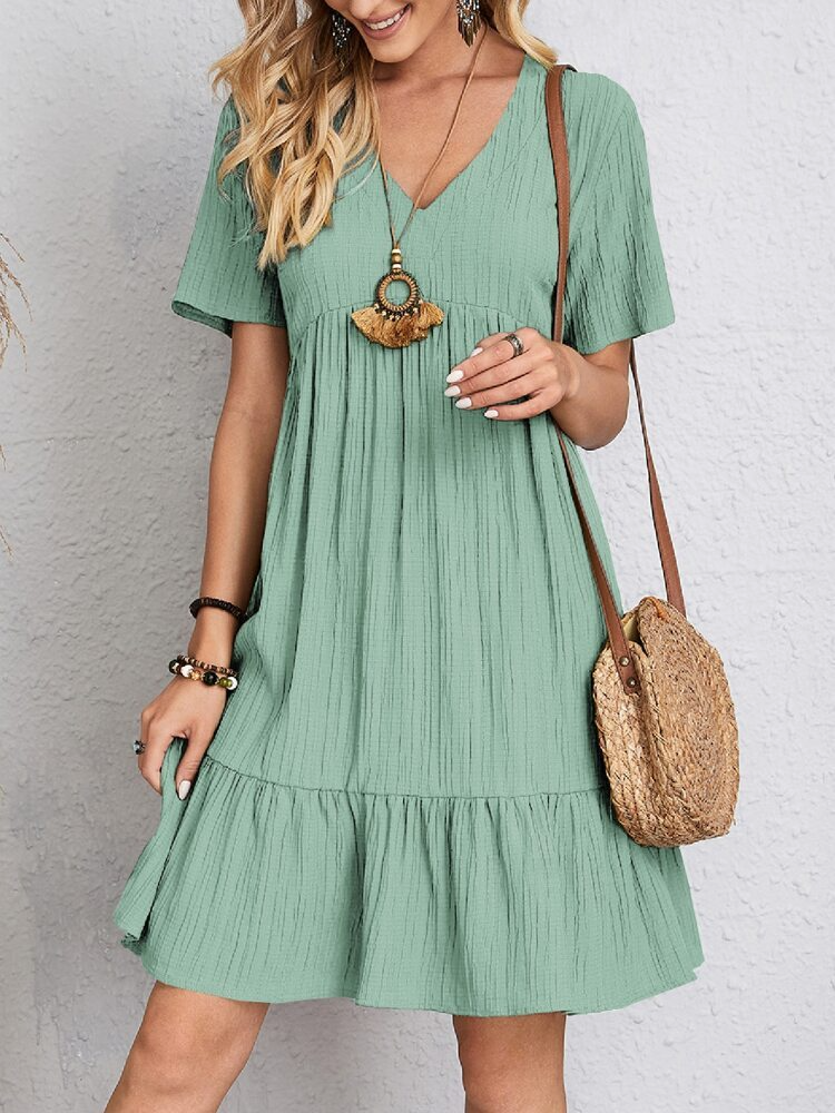 Women'S Fashion Casual Loose V Neck Ruffled Short Sleeve Dress