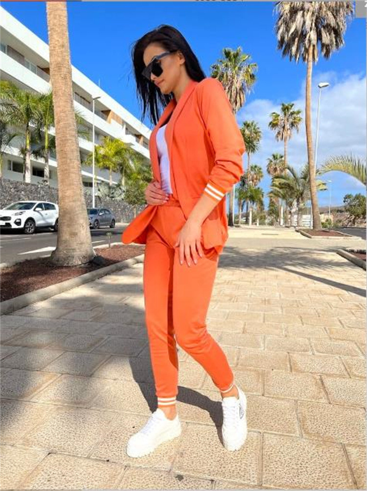 Women Solid Color Long Sleeve Lapel Top And Pants Casual Two Piece Set