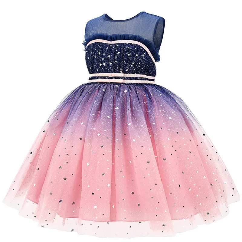 Kids Toddler Big Girls Summer Fashion Party Cute Sweet Gradient Sequins Bow Pleated Sleeveless Mesh Party Tutu Dress