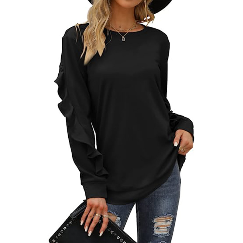 Autumn Winter Women Casual Round Neck Long Sleeve Ruffled Sweatshirt