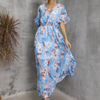 Women Fashion Casual Floral Printing V-Neck Short Sleeve Slit Dress