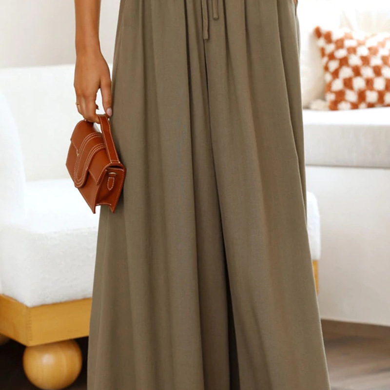 Women Fashion Casual Solid Color Elastic Waist Wide Leg Pants