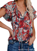 Women Fashion Summer Casual Floral Print V-Neck Short-Sleeved Blouse