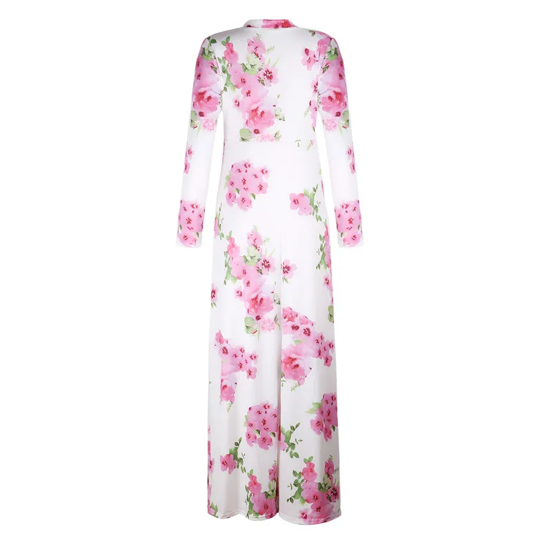 Ramadan /Eid Women Casual V-Neck Long-Sleeve Lace-Up Flower Print Maxi Swing Dress