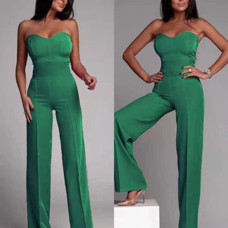 Women Solid Color Tube Top Casual High Waist Wide Leg Jumpsuit