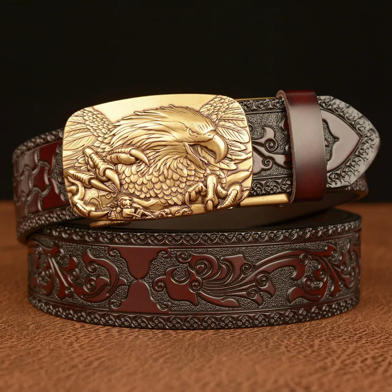 Men Fashion Casual Business Solid Color Embossed Leather Eagle Metal Buckle Belt