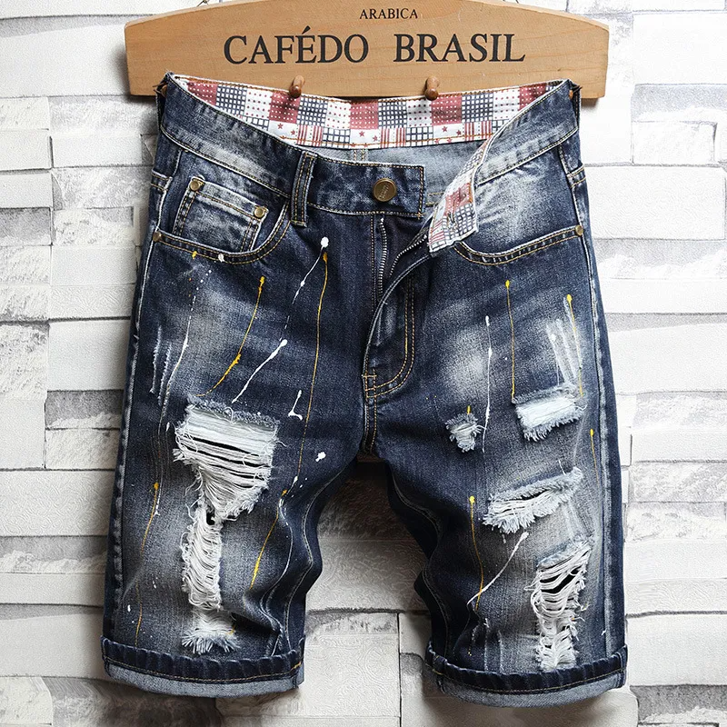 Men Summer Fashion Casual Color Matching Raw Hem Ripped Denim