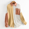 Women Fashion Summer Blocking Color Loose Long Sleeve Shirt Blouse