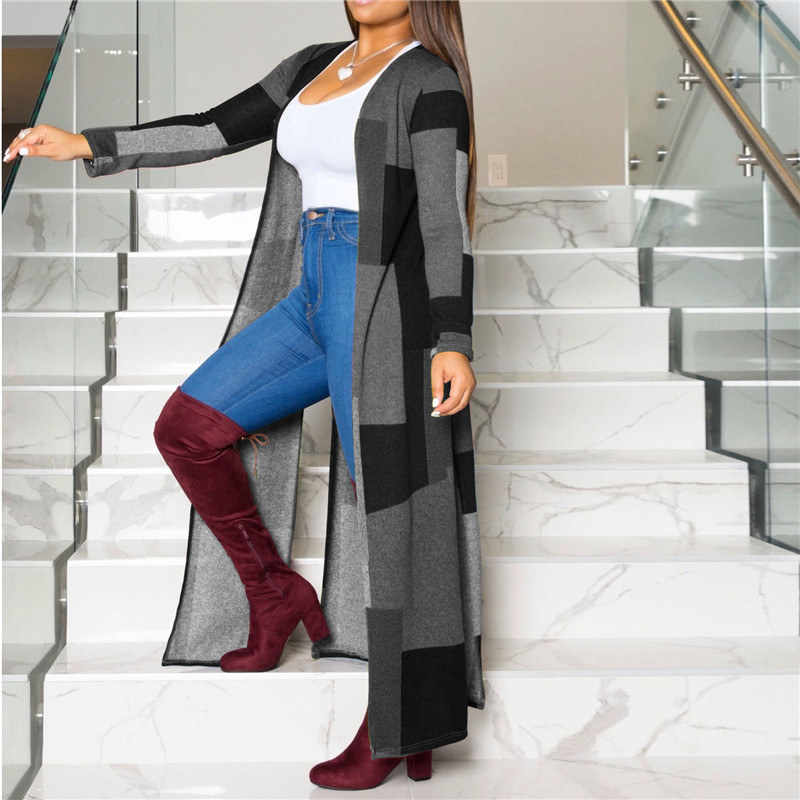 Women Fashion Contrast Color Plaid Print Long Sleeve Cardigan Coat