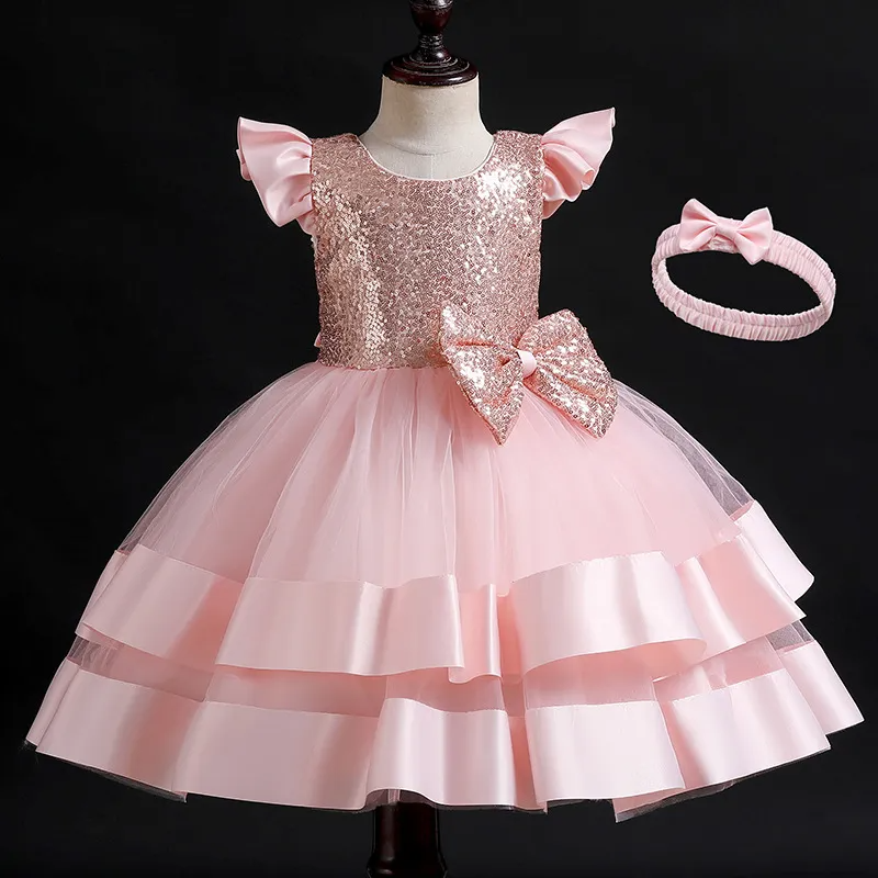 (Buy 1 Get 1) Kids Baby Girls Summer Fashion Party Cute Sweet Solid Color Sequins Bow Pleated Mesh Party Tutu Dress