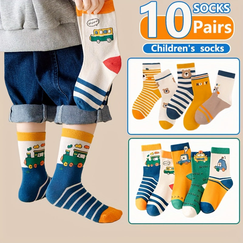 10-Pair Pack Children's Cute Bear and Striped Cartoon Calf-Length Socks, Polyester Blend Comfort Fit for All Seasons,FS