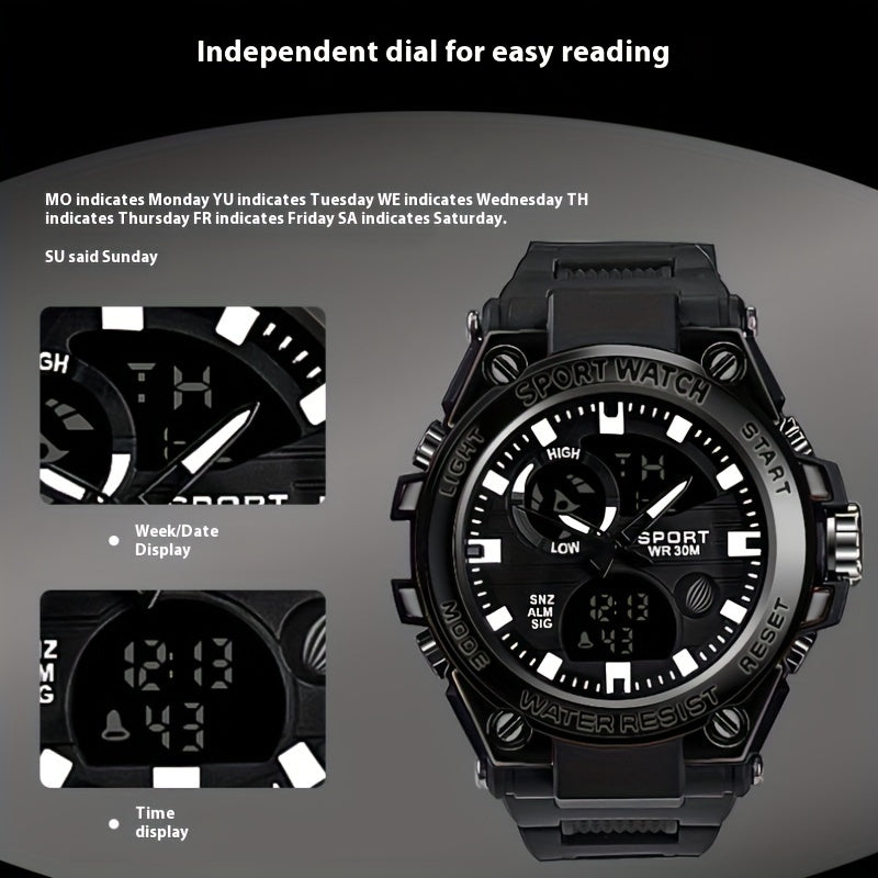 Sports Watch Men's Multifunctional, Luminous Display with Alarm, Chronograph & Stopwatch, Dual Movement, Rubber Case FS