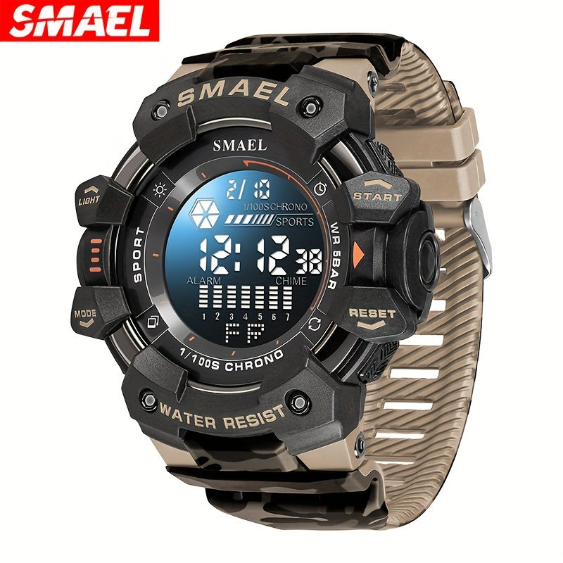 Sports Digital Wristwatch For Outdoor Mountaineering, LED Night Light Multifunctional Alarm Calendar Watch With Large Dial Camo Strap FS